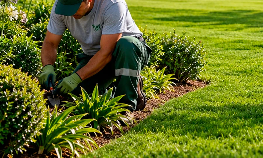 Jardinero de Turf Type trabajando en canteros con plantas